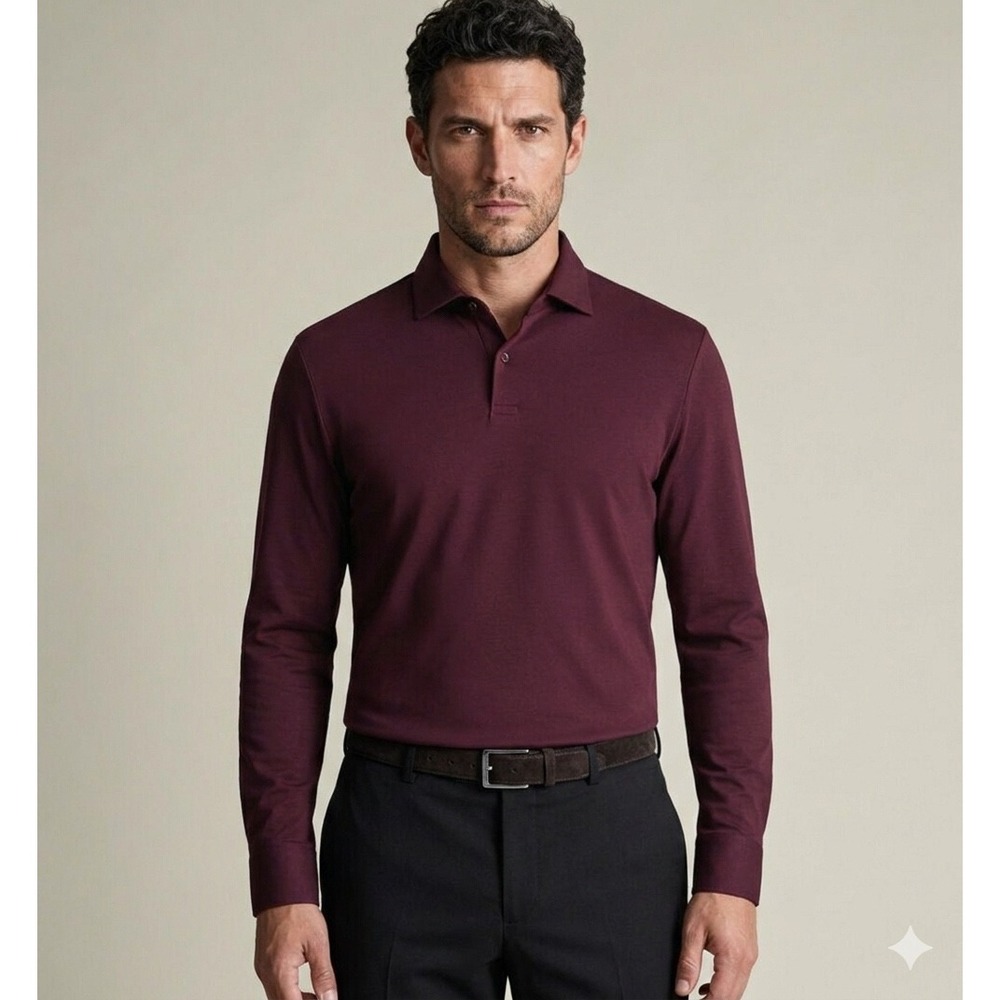 Charles‎ Tyrwhitt Mens Wine Red Long Sleeve Cotton Stretch Smart Pique Polo XXXL